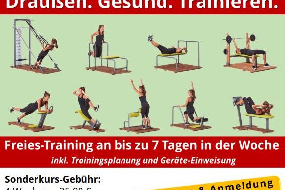 Plakat f&uuml;r TUSfit Outdoor Campus mit Informationen zu Sommer-Fitnessangeboten und Preisen f&uuml;r Kurse.