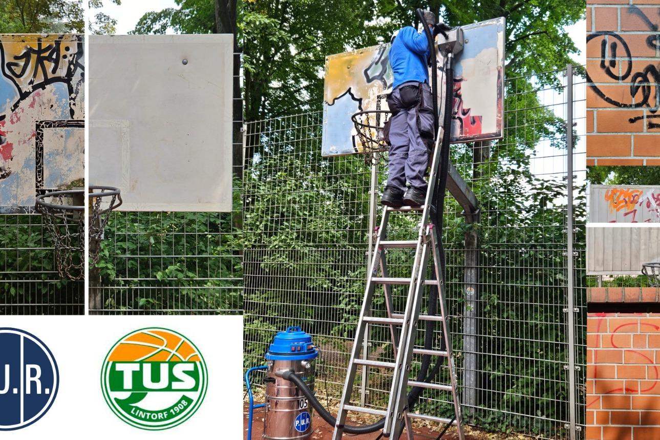 Arbeiter steht auf einer Leiter und reinigt eine Basketballkorbanlage, umgeben von Graffiti und B&auml;umen.