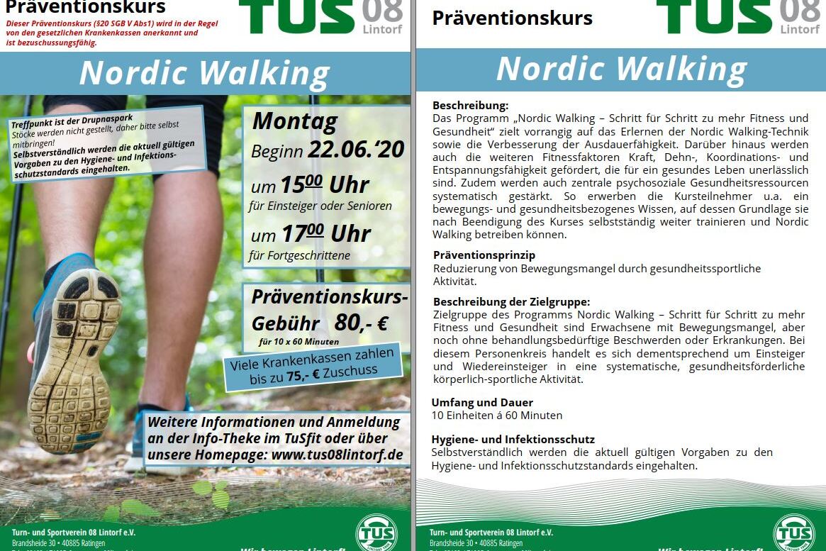 Flyer f&uuml;r einen Nordic Walking Kurs mit Informationen zu Beginn, Geb&uuml;hr und Beschreibung des Programms.