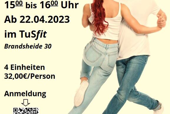 Paar tanzt Salsa auf einem Plakat mit Informationen zum Kurs im TuSfit, Termin und Preis angegeben.