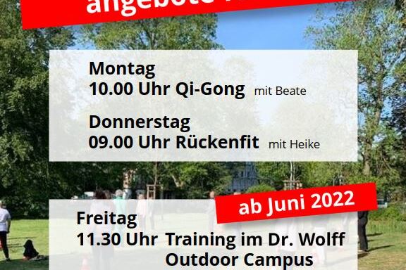 Ank&uuml;ndigung f&uuml;r kostenfreie Bewegungsangebote im Druppnaspark mit Kurszeiten f&uuml;r Qi-Gong und R&uuml;ckenfit.