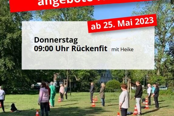 Plakat f&uuml;r kostenlose Sportangebote im Druppnaspark mit Termininformationen zum R&uuml;ckenfit-Kurs von Heike.