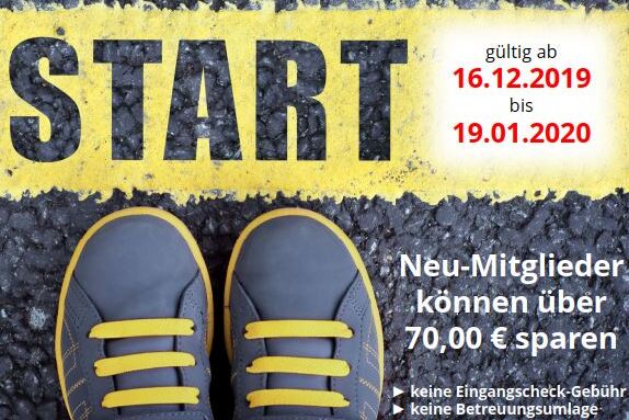 Werbung f&uuml;r TUSfit mit dem Wort &bdquo;START&ldquo; und Informationen zur Mitglieder-Aktion, sowie einer Fu&szlig;ansicht in Sportschuhen.