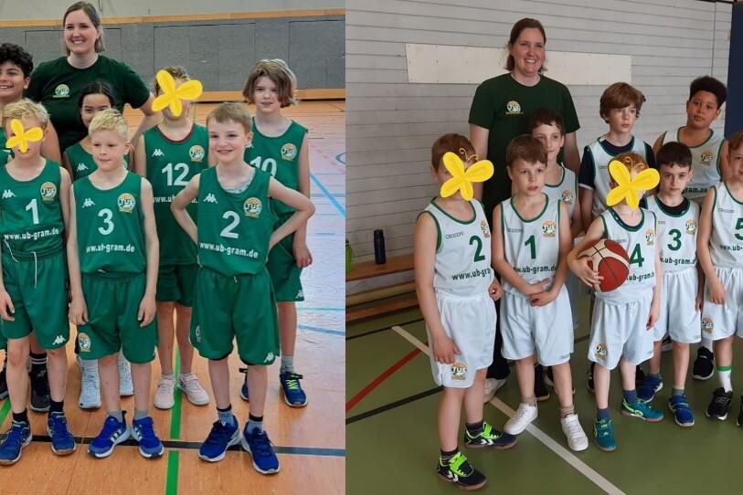 Zwei Gruppen junger Basketballspieler in gr&uuml;nen und wei&szlig;en Trikots, stehen auf einem Sportplatz, l&auml;cheln zur Kamera.