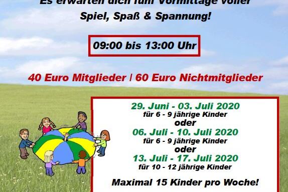 Banner zur Sommerferienspielebetreuung mit Terminen, Preisen und Informationen auf buntem Hintergrund.
