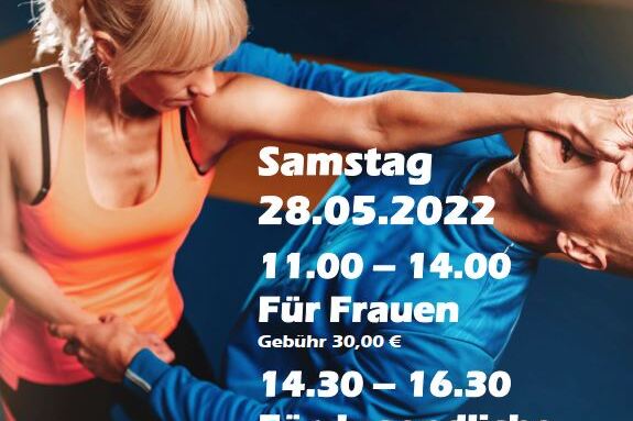 Workshop-Ank&uuml;ndigung zum Selbstschutz mit Termin, Uhrzeiten und Geb&uuml;hren f&uuml;r Frauen und Jugendliche auf gr&uuml;nem Hintergrund.