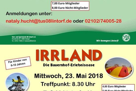 Grafik mit Informationen zu Ausfl&uuml;gen f&uuml;r Kinder: Zoo Duisburg und Irrland, Termine, Treffpunkte und Preise.
