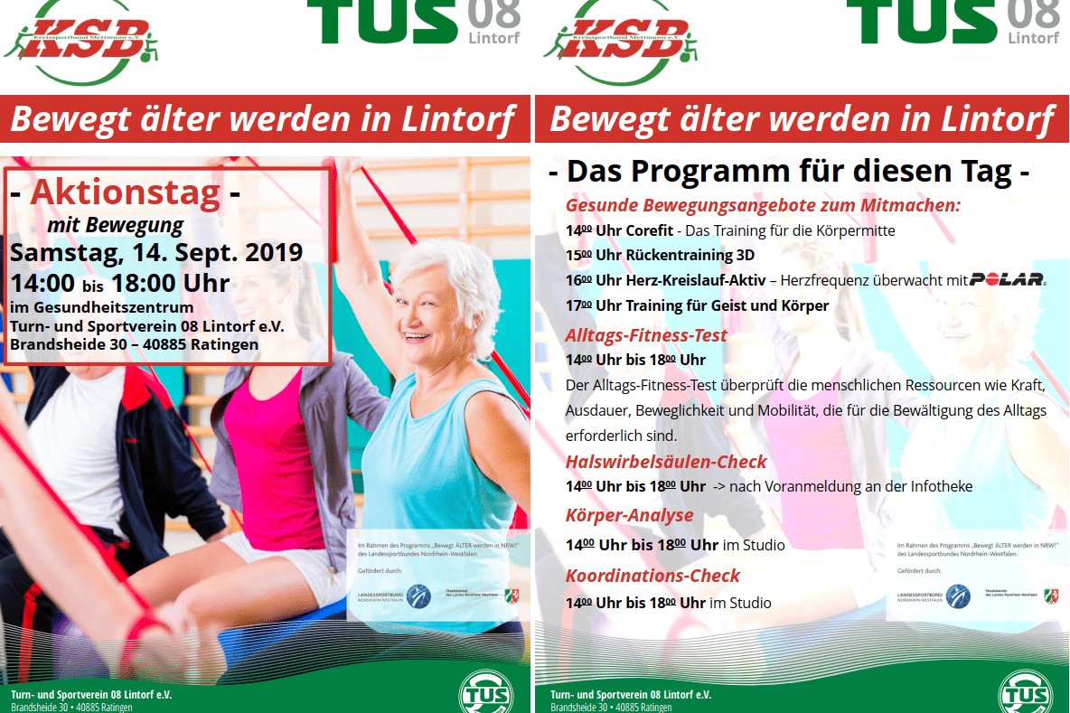 Flyer mit Informationen zu einem Aktionstag in Lintorf, der Bewegungsangebote f&uuml;r &auml;ltere Menschen bewirbt.