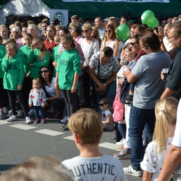 Gruppierung von Menschen in gr&uuml;nen Shirts bei einem Event, umgeben von Zuschauern und festlicher Atmosph&auml;re.
