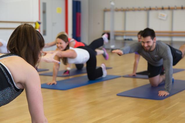 Gruppe von Menschen in Sportkleidung, die auf Matten &Uuml;bungen zur Kr&auml;ftigung der R&uuml;ckenmuskulatur durchf&uuml;hren.