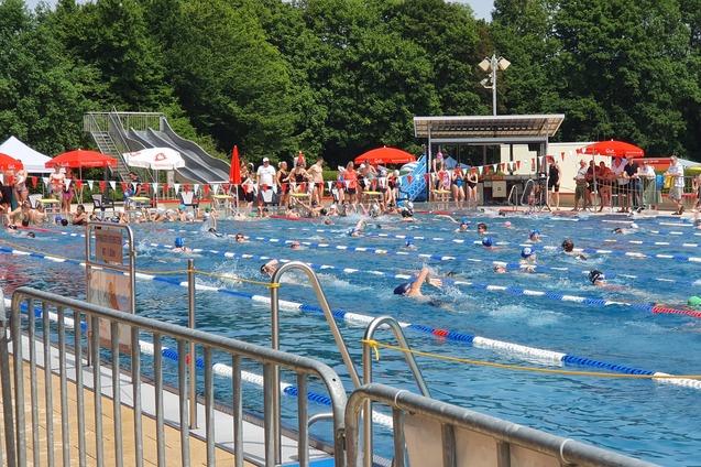 Blick auf ein belebtes Schwimmbad mit Schwimmern in einem 50-Meter-Becken und Liegest&uuml;hlen unter Sonnenschirmen.