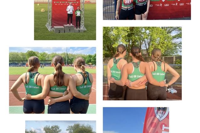 Collage von Athletinnen beim Sportpark Classics in Duisburg mit Podium, Urkunden und Teamfotos.