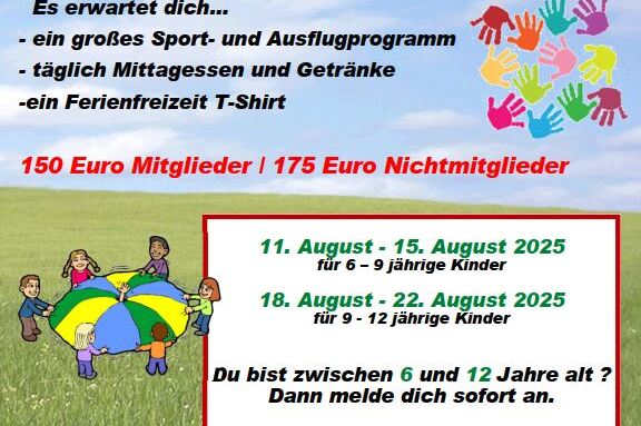 Bunt gestaltetes Plakat f&uuml;r eine Ferienfreizeit mit Terminen, Preisen und Informationen f&uuml;r Kinder zwischen 6 und 12 Jahren.