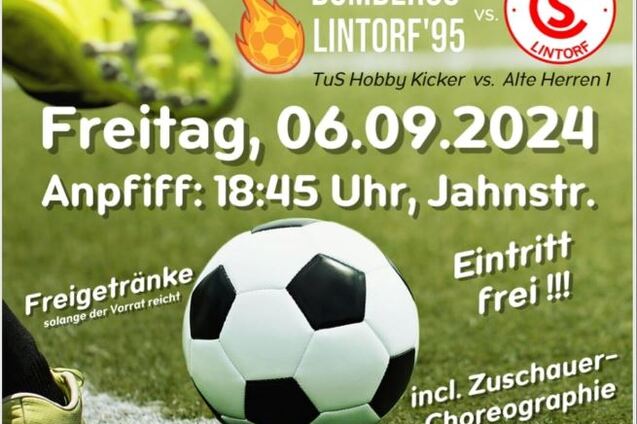 Ank&uuml;ndigungsplakat f&uuml;r das Dorfderby TuS Lintorf gegen Rot-Wei&szlig; Lintorf mit Fu&szlig;ball und Informationen zum Event.