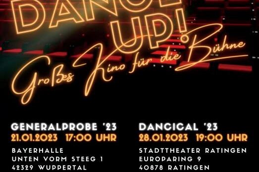Plakat f&uuml;r "Dance Up!" mit Terminen, Locations und Ticketinformationen f&uuml;r eine Tanzauff&uuml;hrung.