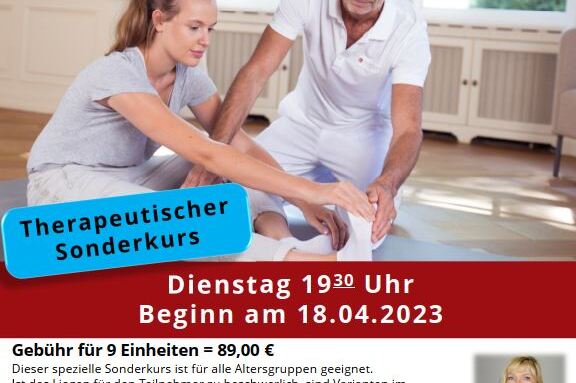 Plakat f&uuml;r einen therapeutischen Sonderkurs mit Informationen zu Kursdetails, Preisen und Anmeldem&ouml;glichkeiten.
