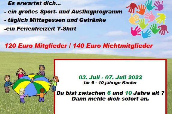 Bunt gestaltetes Plakat zur Ferienfreizeit 2023, mit Infos zu Programm, Preisen und Anmeldedaten f&uuml;r Kinder von 6-10 Jahren.