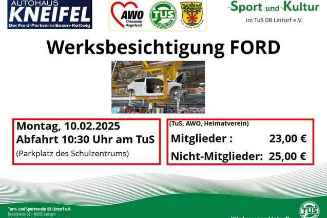 Ein Flyer zur Werksbesichtigung bei Ford mit Termindetails und Preisen f&uuml;r Mitglieder und Nicht-Mitglieder.