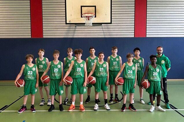 Gruppierung von zw&ouml;lf Basketballspielern in gr&uuml;nen Trikots mit B&auml;llen vor einem Basketballkorb in einer Halle.