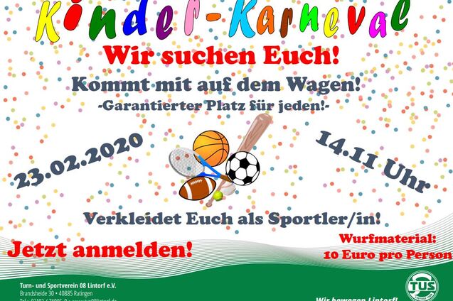 Buntes Plakat f&uuml;r den Kinder-Karneval mit Datum, Uhrzeit und Informationen zur Anmeldung und Kost&uuml;mierung als Sportler.