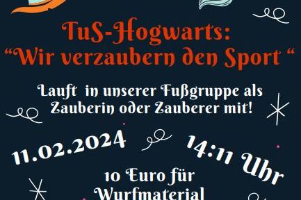 Plakat f&uuml;r Kinderkarneval: Einladung zur Veranstaltung "TuS-Hogwarts" mit Datum, Uhrzeit und Anmeldeinformationen.