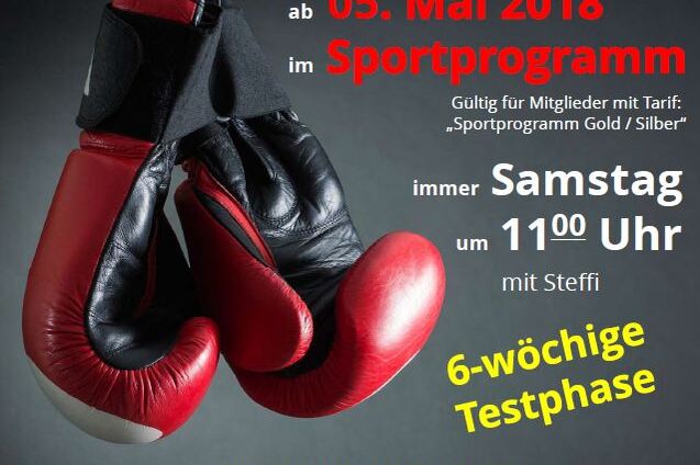 Plakat f&uuml;r Fitness Kick-Boxing mit roten Boxhandschuhen, Terminangaben und Anmeldungshinweisen auf gr&uuml;nem Hintergrund.
