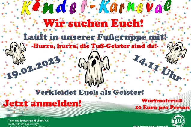Plakat f&uuml;r den Kinder-Karneval mit Informationen zu Datum, Uhrzeit und Anmeldung, sowie Geister-Motiven und bunten Konfetti.