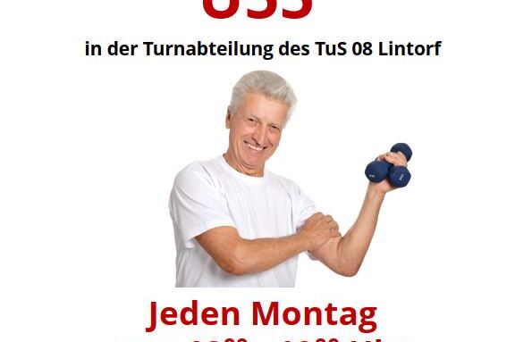 Promo-Plakat f&uuml;r M&auml;nnerfitness &Uuml;55 mit l&auml;chelndem Mann und Hanteln, Informationen zu Zeiten und Ort des Trainings.