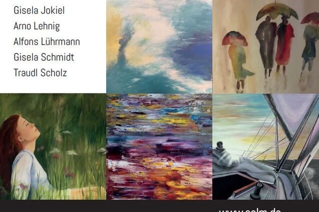 Ausstellungsplakat mit dem Titel "Lintorfer Maler" und Informationen zu K&uuml;nstlern, Datum und &Ouml;ffnungszeiten.