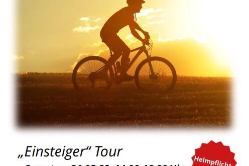 Siloette eines Radfahrers auf einem Mountainbike vor hellem Hintergrund, mit Informationen zum kostenlosen Kurs.