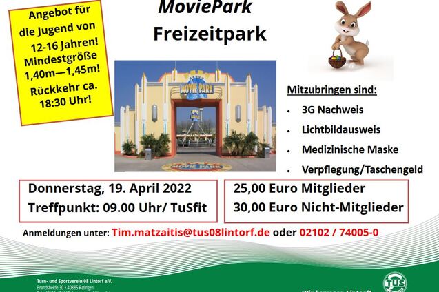 Plakat f&uuml;r den MoviePark Freizeitparkbesuch mit Informationen zu Datum, Treffpunkt und Kosten f&uuml;r Mitglieder und Nicht-Mitglieder.