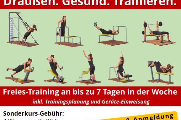 Plakat f&uuml;r TUSfit Outdoor Campus mit Informationen zu Sommer-Fitnessangeboten und Preisen f&uuml;r Kurse.