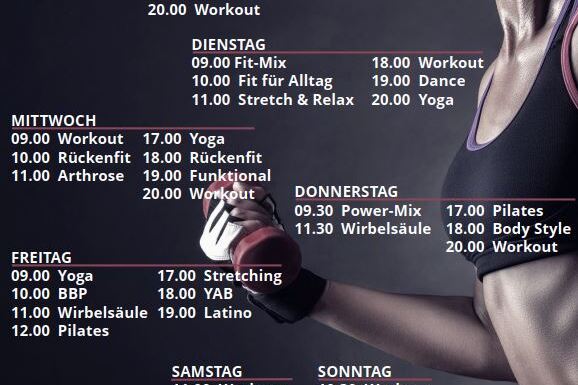 Programm&uuml;bersicht f&uuml;r Live-Streams von TUSfit: Fitnesskurse von Montag bis Sonntag, inklusive Yoga, Workout und Pilates.