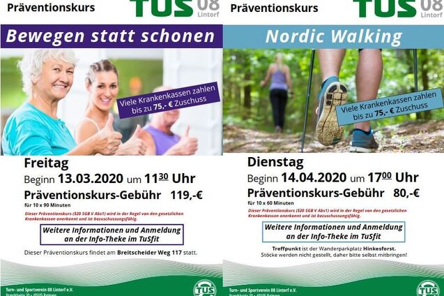 Plakat f&uuml;r Pr&auml;ventionskurse mit Informationen zu "Bewegen statt schonen" und "Nordic Walking", inklusive Termine und Geb&uuml;hren.