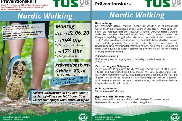 Flyer f&uuml;r einen Nordic Walking Kurs mit Informationen zu Beginn, Geb&uuml;hr und Beschreibung des Programms.