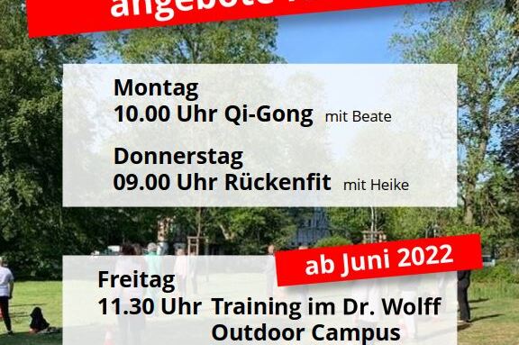 Ank&uuml;ndigung f&uuml;r kostenfreie Bewegungsangebote im Druppnaspark mit Kurszeiten f&uuml;r Qi-Gong und R&uuml;ckenfit.