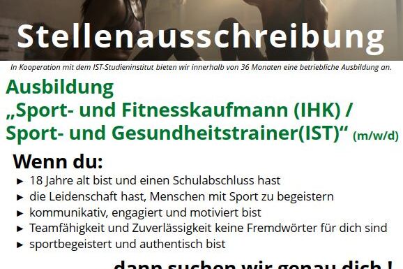 Stellenanzeige f&uuml;r die Ausbildung zum Sport- und Fitnesskaufmann sowie Sport- und Gesundheitstrainer im TUSfit Zentrum.