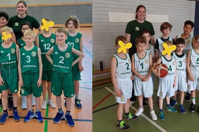 Zwei Gruppen junger Basketballspieler in gr&uuml;nen und wei&szlig;en Trikots, stehen auf einem Sportplatz, l&auml;cheln zur Kamera.