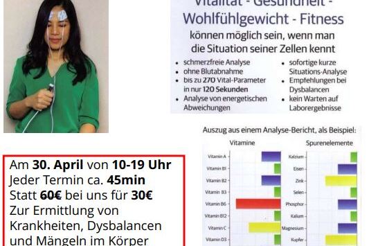 Frau mit Messger&auml;t in der Hand, pr&auml;sentiert EHF-K&ouml;rpervitalit&auml;tsscan-Anzeige und Informationen auf einem Plakat.