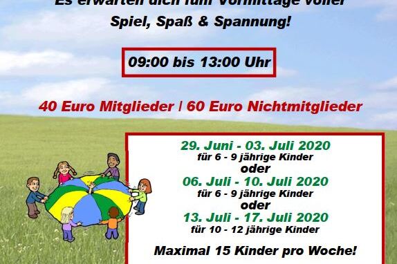 Banner zur Sommerferienspielebetreuung mit Terminen, Preisen und Informationen auf buntem Hintergrund.