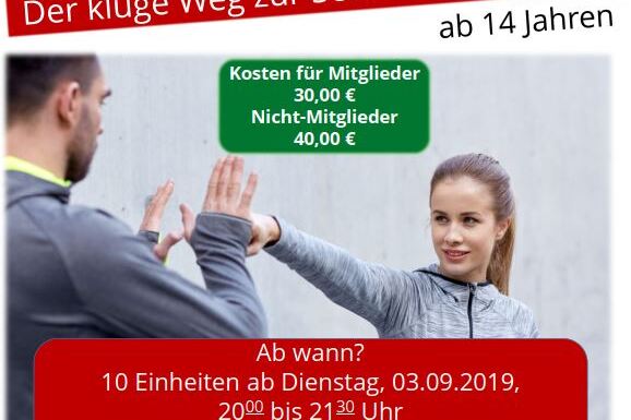 Plakat f&uuml;r Wing Tsun Selbstverteidigungstraining mit Informationen zu Kosten und Kursbeginn.