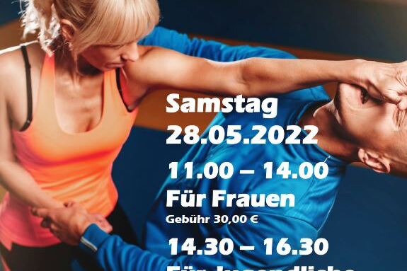 Workshop-Ank&uuml;ndigung zum Selbstschutz mit Termin, Uhrzeiten und Geb&uuml;hren f&uuml;r Frauen und Jugendliche auf gr&uuml;nem Hintergrund.