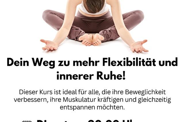 Werbung f&uuml;r einen Kurs "Mobility & Balance" mit Zeit, Datum und Informationen zur Flexibilit&auml;t und Entspannung.