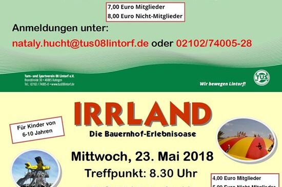 Grafik mit Informationen zu Ausfl&uuml;gen f&uuml;r Kinder: Zoo Duisburg und Irrland, Termine, Treffpunkte und Preise.