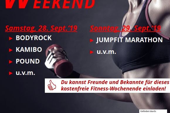 Plakat f&uuml;r ein Fitness-Wochenende mit Kursen wie Bodyrock und Jumpfit Marathon, begleitet von motivierendem Bild einer Sportlerin.