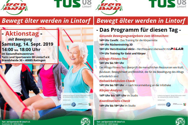 Flyer mit Informationen zu einem Aktionstag in Lintorf, der Bewegungsangebote f&uuml;r &auml;ltere Menschen bewirbt.