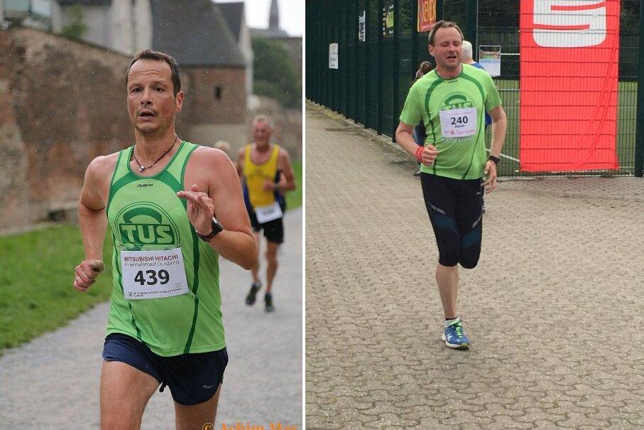 Zwei Bilder von m&auml;nnlichen L&auml;ufern in gr&uuml;nen Trikots bei Wettk&auml;mpfen auf unterschiedlichem Terrain.