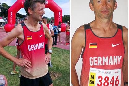 Zwei Bilder eines L&auml;ufers im Trikot mit der Aufschrift &bdquo;GERMANY&ldquo;, einmal nach einem Rennen und einmal im Portr&auml;t mit Startnummer.