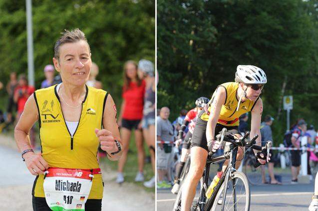 Zwei Bilder einer Sportlerin: Links beim Laufen, rechts auf dem Fahrrad, beide in Wettkampfkleidung und mit sichtbarem Wettkampfnamen.