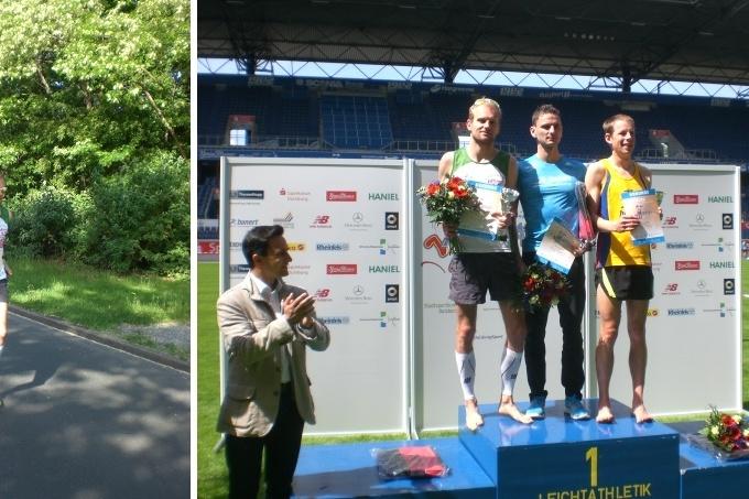 L&auml;ufer in Wettkampfbekleidung joggt allein auf einer Landstra&szlig;e, umgeben von B&auml;umen und Str&auml;uchern.